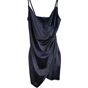 IRIS Black Rhinestone Bodycon Mini Dress Womens Large Faux Wrap Tulip Hem Ruched